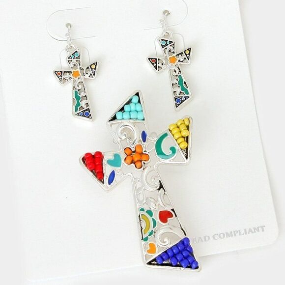 Colorful Beaded Cross Pendant Set by icon Collection NWT - Picture 1 of 8
